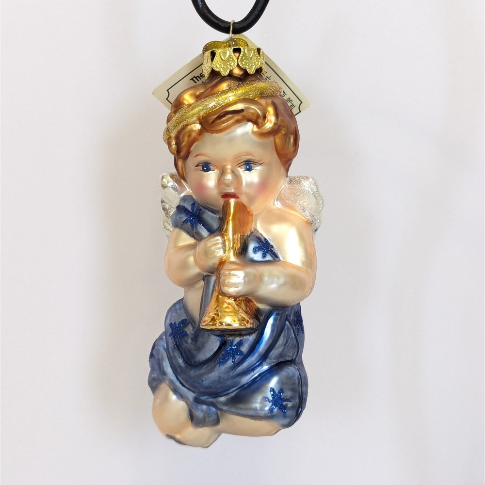 Old World Christmas Blown Glass Ornament Angel Cherub With Horn w/Box & Tag